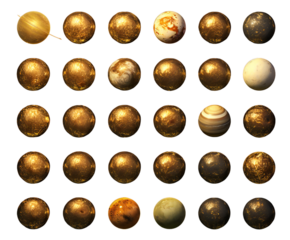 Assorted collection of gold and multicolored planet orbs arranged creatively on a white surface on transparent background