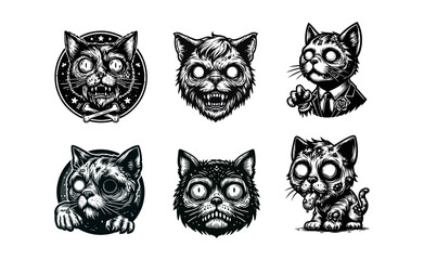 Obraz premium Six stylized, monochrome illustrations of cats, each with a spooky or zombie-like appearance, featuring exaggerated features and unique designs.
