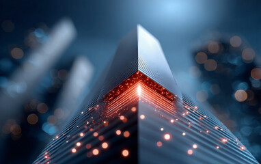 Artificial intelligence stocks and investment concept. Futuristic skyscraper with glowing lights under a night sky.