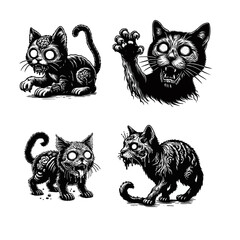Obraz premium Four black and white illustrations of zombie cats in various poses, with glowing eyes and detailed textures.