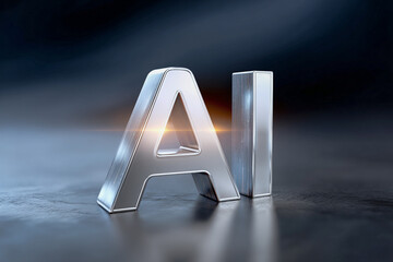 Artificial intelligence stocks and investment concept. 3D metallic letters representing AI against a dark background with light reflections.