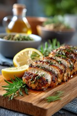 Roasted chicken slices on a wooden board