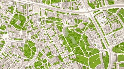Fototapeta premium Aerial view of a city map with green spaces and building outlines