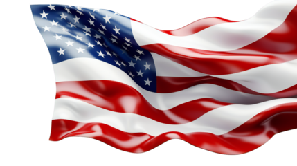 Glossy United States flag waving dynamically with stars and stripes rendered three dimensionally on transparent background