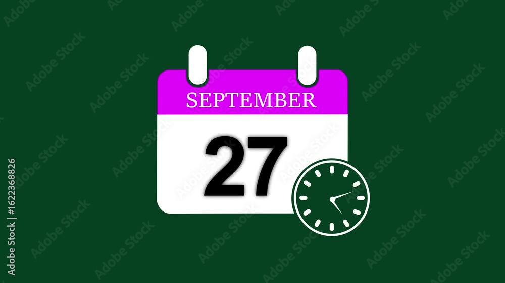 Poster 27 september month calendar with time symbol. simple calendar icon animation and date change of time