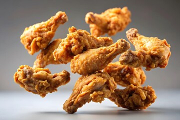 Crispy golden fried chicken wings and drumettes artfully arranged and levitating against a neutral background