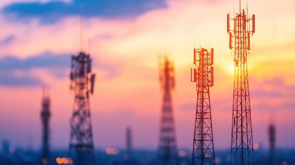 Telecommunications towers sunset urban landscape gigapixel photography modern technology aerial view