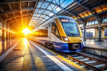 Modern high speed train arriving at a sunlit station platform during golden hour