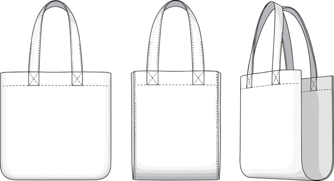 Tote bag front, back, side view, CAD flat sketch, eco bag design, vector illustration, fashion accessory, reusable shopping bag