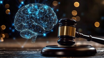 A gavel placed next to a holographic AI brain, representing the legal challenges associated with controlling artificial intelligence. 