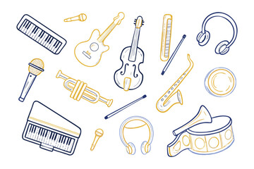 Musical Instruments Collection: A curated ensemble of diverse musical instruments come to life with a whimsical doodle style, each meticulously crafted to evoke the joy of music-making.