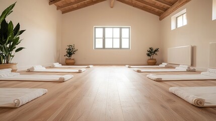 Fototapeta premium Mindfulness yoga retreat space tranquil studio meditation environment serene atmosphere calm viewpoint