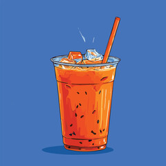 Illustration of ice Thai Milk Tea with ice in clear plastic cup
