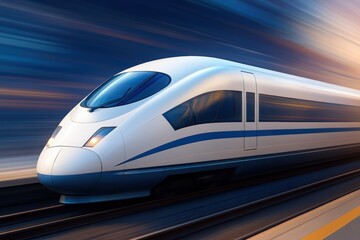 Fototapeta premium High-Speed Train Moving at Amazing Speed Through Modern Cityscape During Sunset