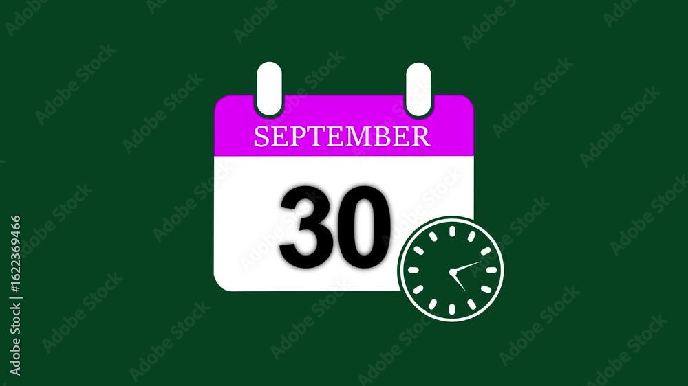 Poster 30 september month calendar with time symbol. simple calendar icon animation and date change of time