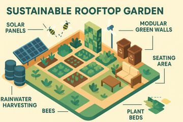 Sustainable Rooftop Garden Concept with Solar Panels and Green Walls for Urban Spaces
