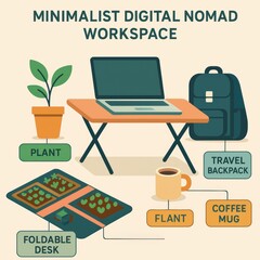 Minimalist Digital Nomad Workspace with Plant, Desk, Laptop, Coffee Mug, and Backpack