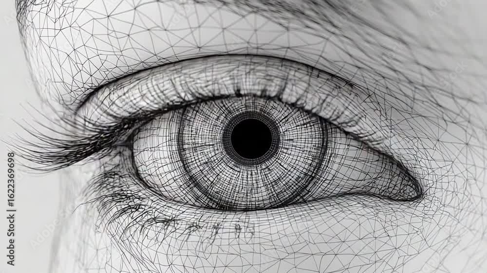 Poster closed eye with wireframe skin representing artificial intelligence and biometrics