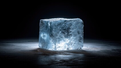 Glowing ice cube on dark surface