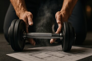 Close-Up of Hands Preparing to Lift Dumbbell with Chalk Dust on Exercise Plan in Gym Setting