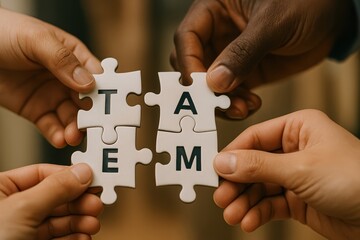 Hands Joining Puzzle Pieces Symbolizing Collaboration and Teamwork in a Group Setting