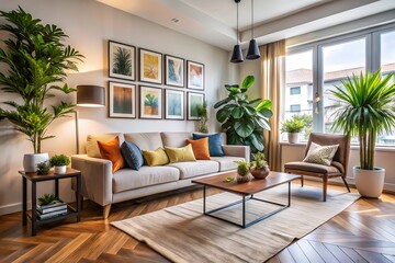 Fototapeta premium Modern living room oasis featuring lush greenery and contemporary furniture accented by warm earth tones