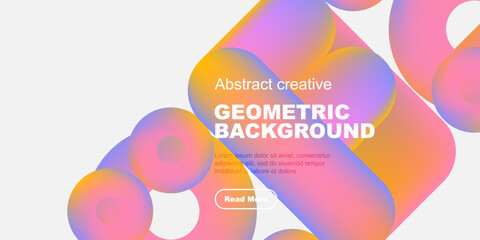 Abstract geometric shapes, vibrant colors, modern design. Text includes geometric background, plus sample text, button visible.