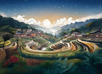 A serene mountain village at dawn with terraced fields in the foreground, set against a starry night background fading into a sunrise sky.