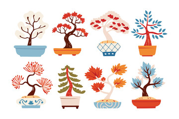 Bonsai Assortment: A curated collection of artfully shaped bonsai trees, each a miniature masterpiece, showcasing the beauty of nature's forms and the artistry of cultivation.