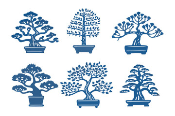 Bonsai Collection: A stylized assortment of elegant bonsai trees in detailed illustrative form. 