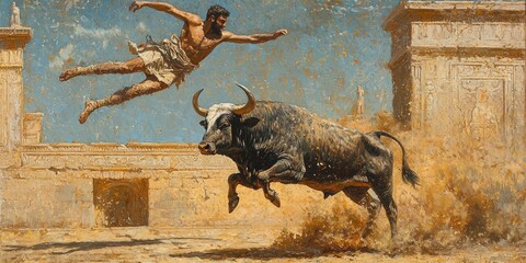 Man performing bull leaping acrobatics grabbing bull horns and flipping over back of large black bull against faded painted wall background. Generative by AI.
