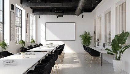 Bright, modern, open-plan office space with large blank display and rows of desks