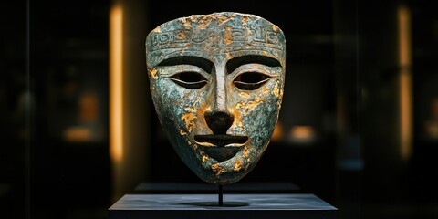 Orange weathered stone mask with hollow eyes displayed on black stone pedestal against dark background. Generative by AI.