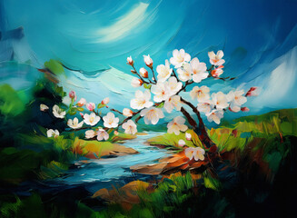 A vibrant spring scene with a blossoming tree taking center stage against a soft, painted background of blue sky and flowing water in a lush green landscape.