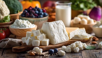 Fototapeta premium Assorted dairy and vegetable foods on a wooden surface