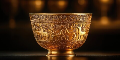 Golden cup with detailed embossed carvings showing animals, trees, and human figures against black background. Generative by AI.