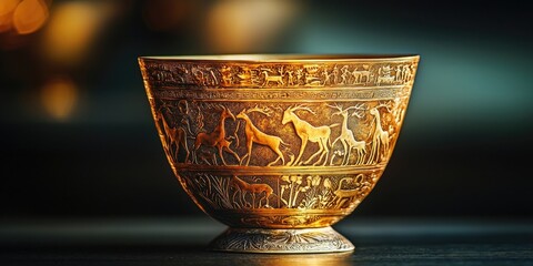 Golden cup with detailed embossed carvings showing animals, trees, and human figures against black background. Generative by AI.