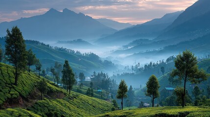 Misty mountain valley with tea plantations. Lush green hills and trees.  Sunrise hues paint the distant peaks