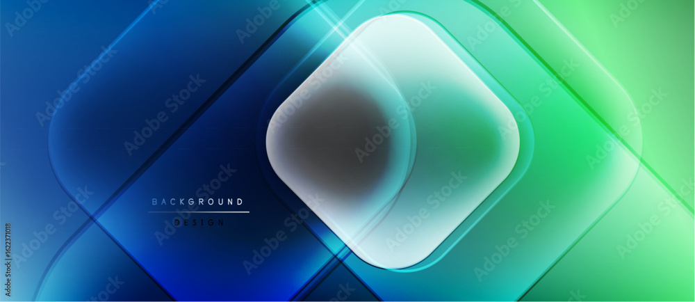 Poster abstract geometric design. blue, green gradients create layered shapes. modern, dynamic visual with 