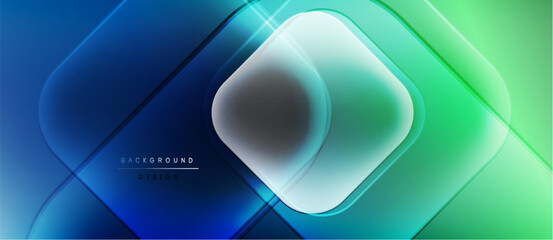 Abstract geometric design. Blue, green gradients create layered shapes. Modern, dynamic visual with glowing effects. Minimal text present.