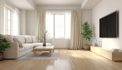Fototapeta premium Bright, minimalist living room with light beige sofa, wooden coffee table, and large window