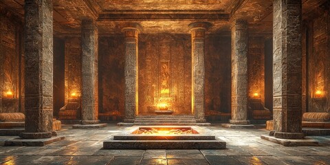 Stone chamber with carved walls, round altar fire pit in center, and stone blocks arranged on floor under spotlights. Generative by AI.
