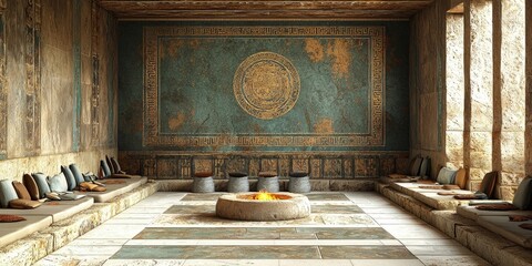 Stone chamber with carved walls, round altar fire pit in center, and stone blocks arranged on floor under spotlights. Generative by AI.