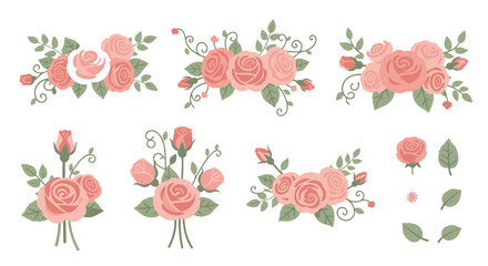 Fototapeta premium A collection of charming, pastel pink rose bouquets and floral elements, perfect for design projects.