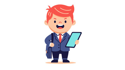 Cute cartoon businessman character holding a tablet. Young professional boy in a suit with a briefcase.