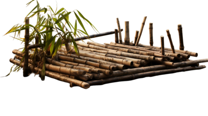 Asian bamboo raft featuring fresh green sprouts artistic style on transparent background