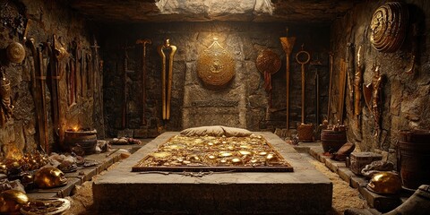 Pile of gold coins, shields, swords, golden vessels, and treasures in stone chamber lit by sunlight from above. Generative by AI.