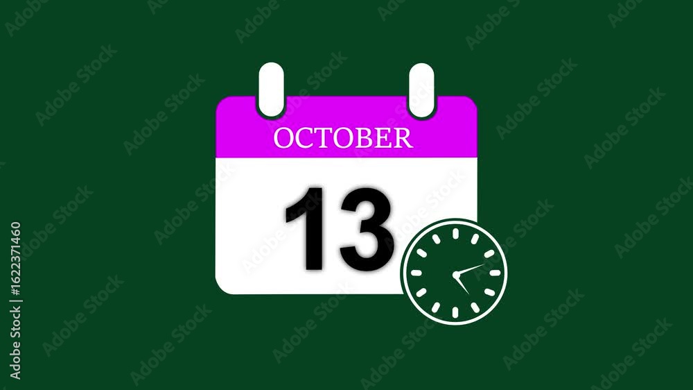 Poster 13 october date calendar icon animation ,october month 13 date calendar icon clock animation. 13 oct