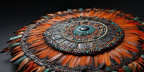 Close up of circular mosaic decorated with turquoise, red, and beige beads surrounded by red and turquoise feathers. Generative by AI.