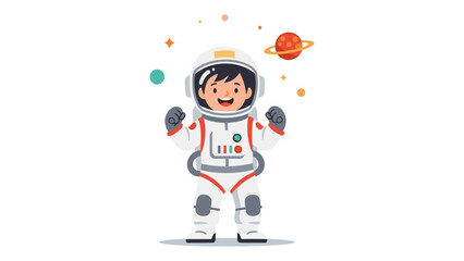 Cute cartoon kid astronaut character floating in space with planets and stars vector